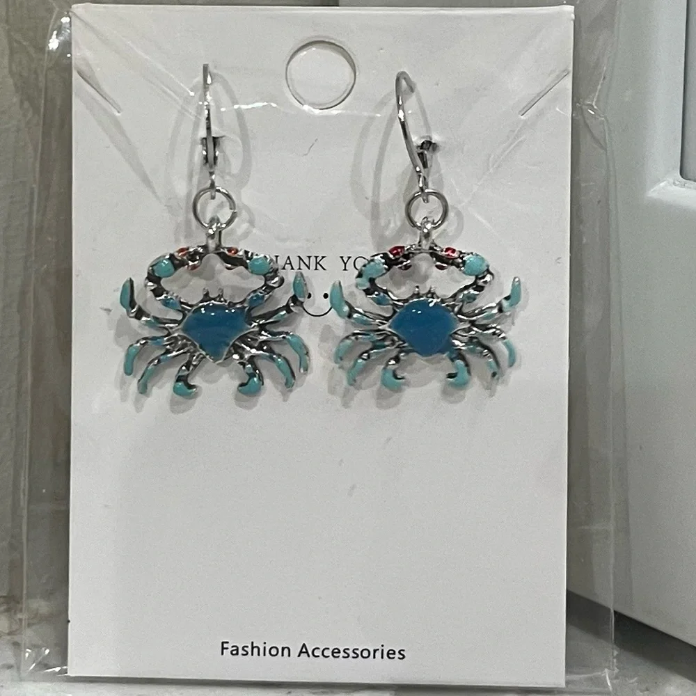 Crab Dangle Earrings Turquoise Enamel Silver Tone Coastal Beach Jewelry